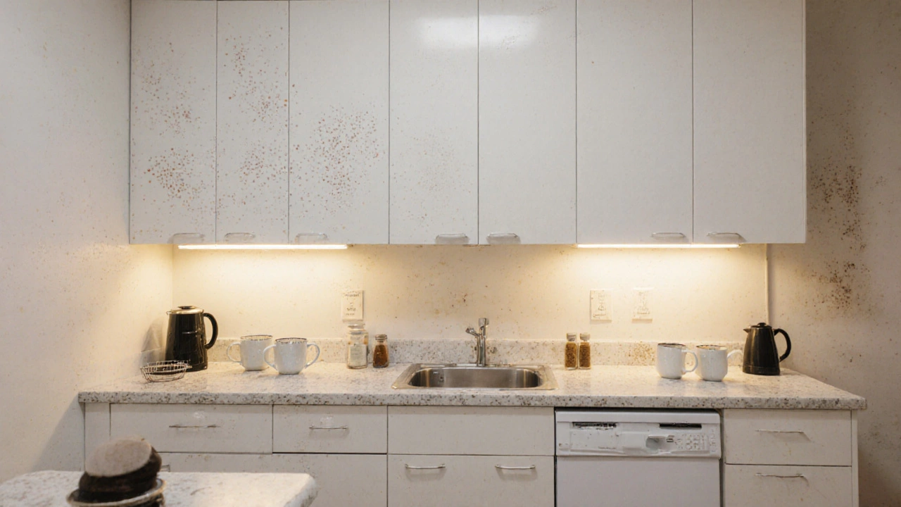 Small kitchen with all-white cabinets showing fingerprints and yellowish tint under harsh lighting.