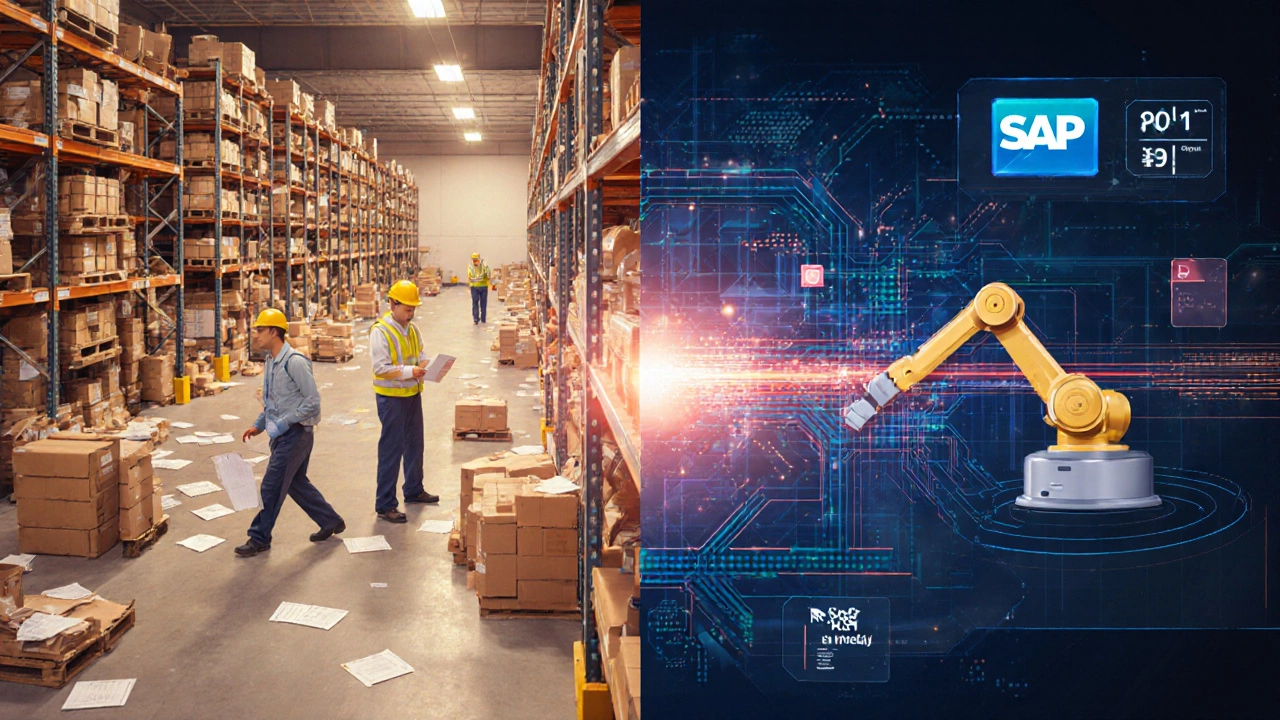 Split-screen showing manual warehouse processes on one side and digital SAP EWM automation on the other.