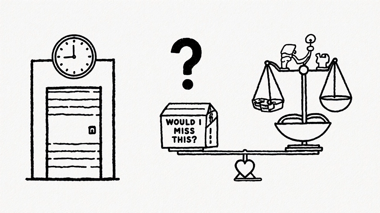 Three minimalist panels showing a time limit, a question, and a choice between storage and meaningful experiences.