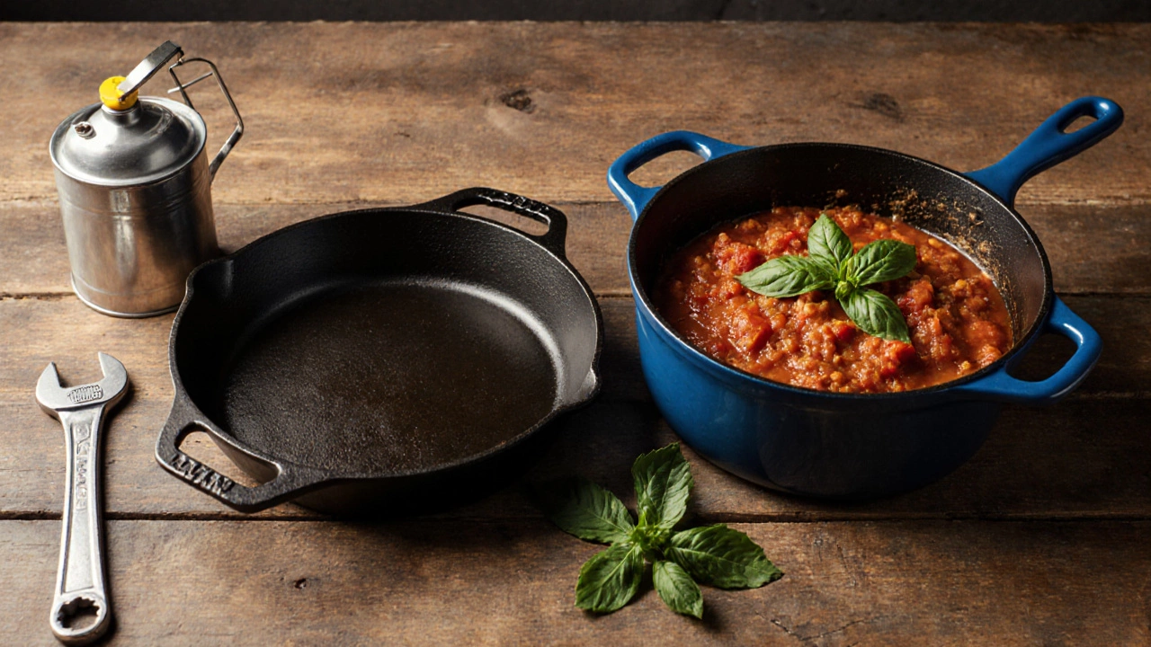 Vintage kitchen counter with bare cast iron and enameled Dutch oven, symbolizing two cooking lifestyles.