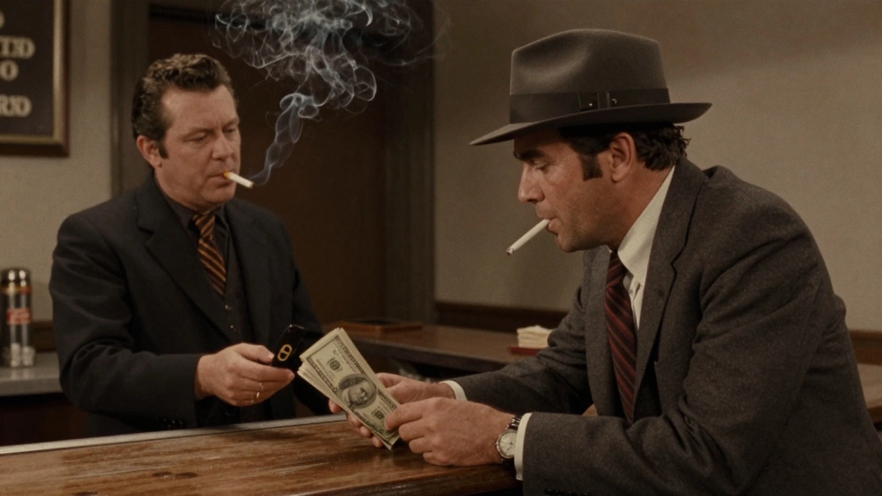 A 1970s-style gangster handing over a stack of hundred-dollar bills behind a counter.