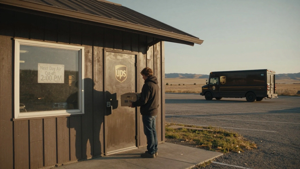 A customer outside a closed rural UPS location after the 2 p.m. cut-off, with a delivery truck driving away.