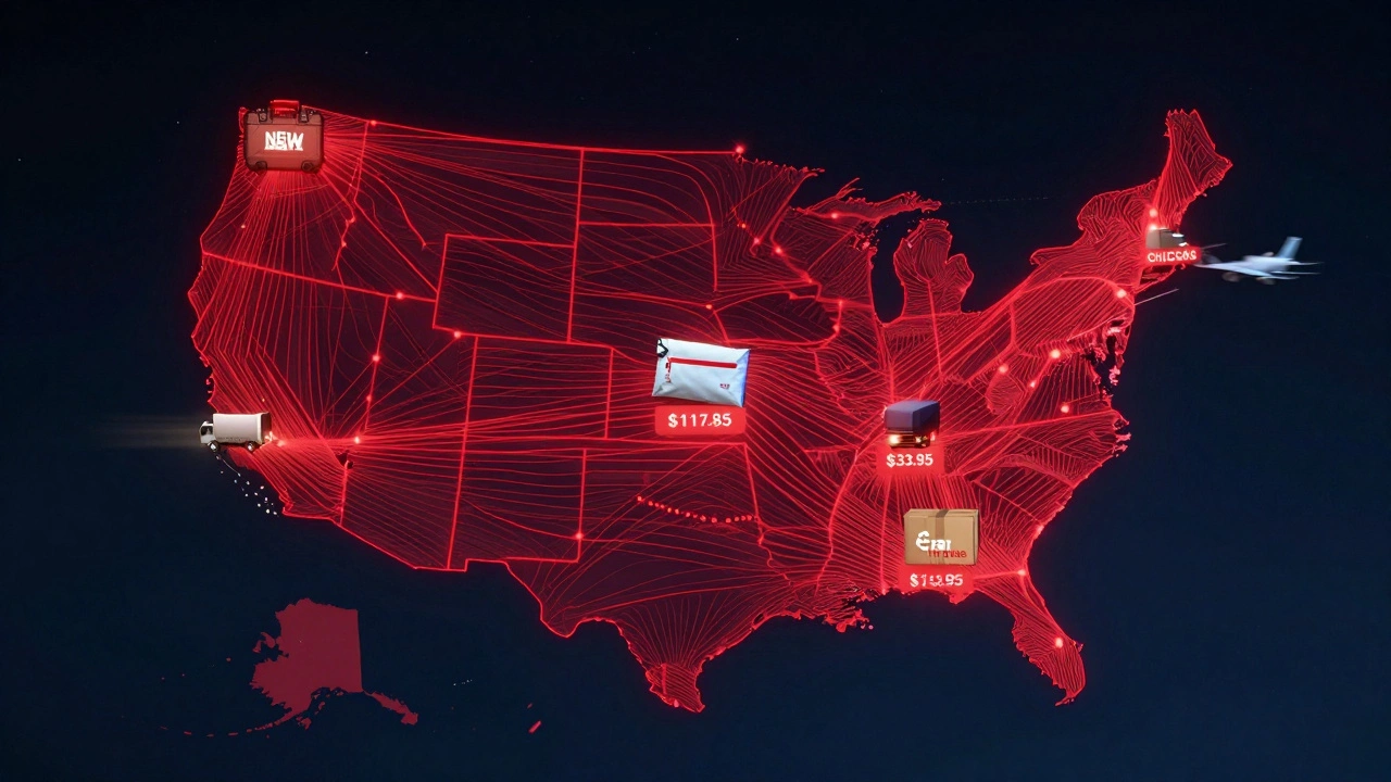 A glowing map of the U.S. showing overnight shipping routes and package types with cost indicators.