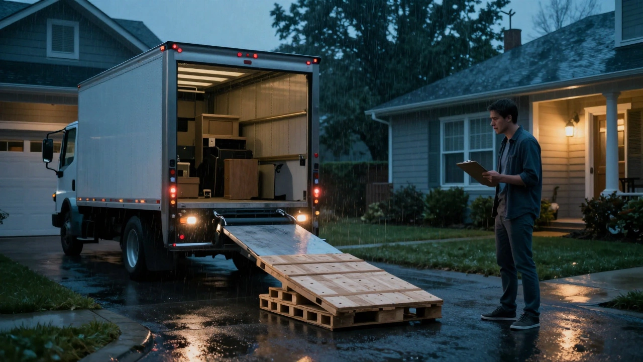 A pallet being lowered by a liftgate onto a residential driveway at dusk, with a homeowner watching.