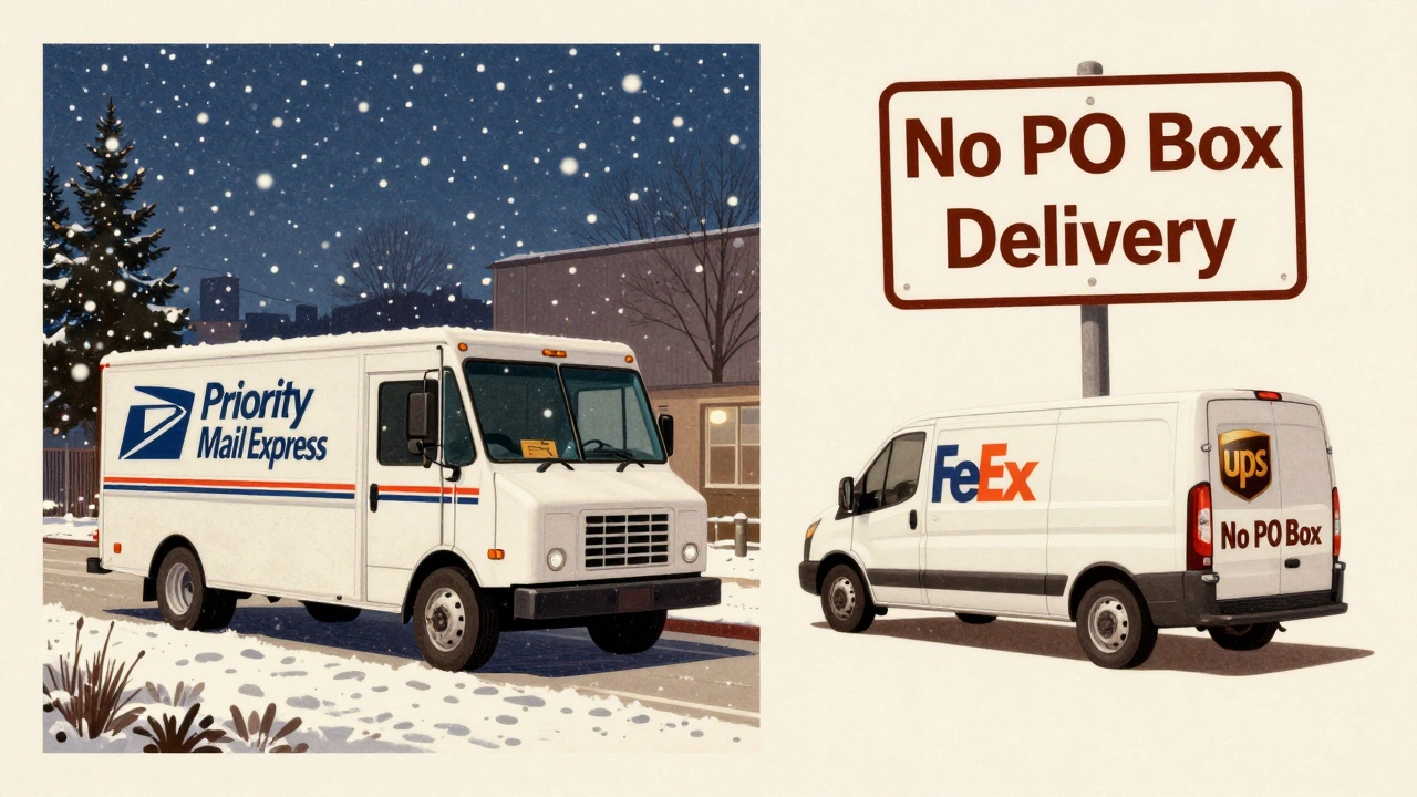 A vintage-style illustration comparing USPS delivering to a PO Box versus other couriers unable to do so.