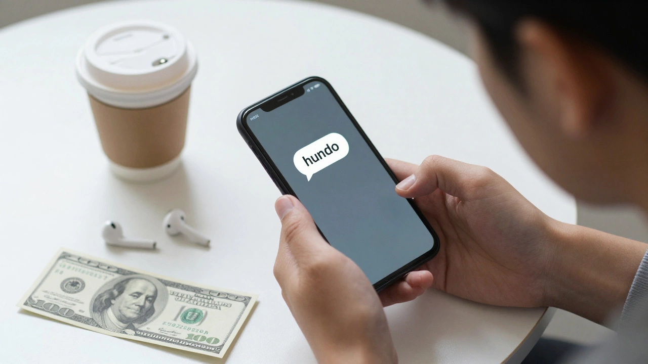 A young person texting &#039;hundo&#039; while a 0 bill rests on a coffee table.
