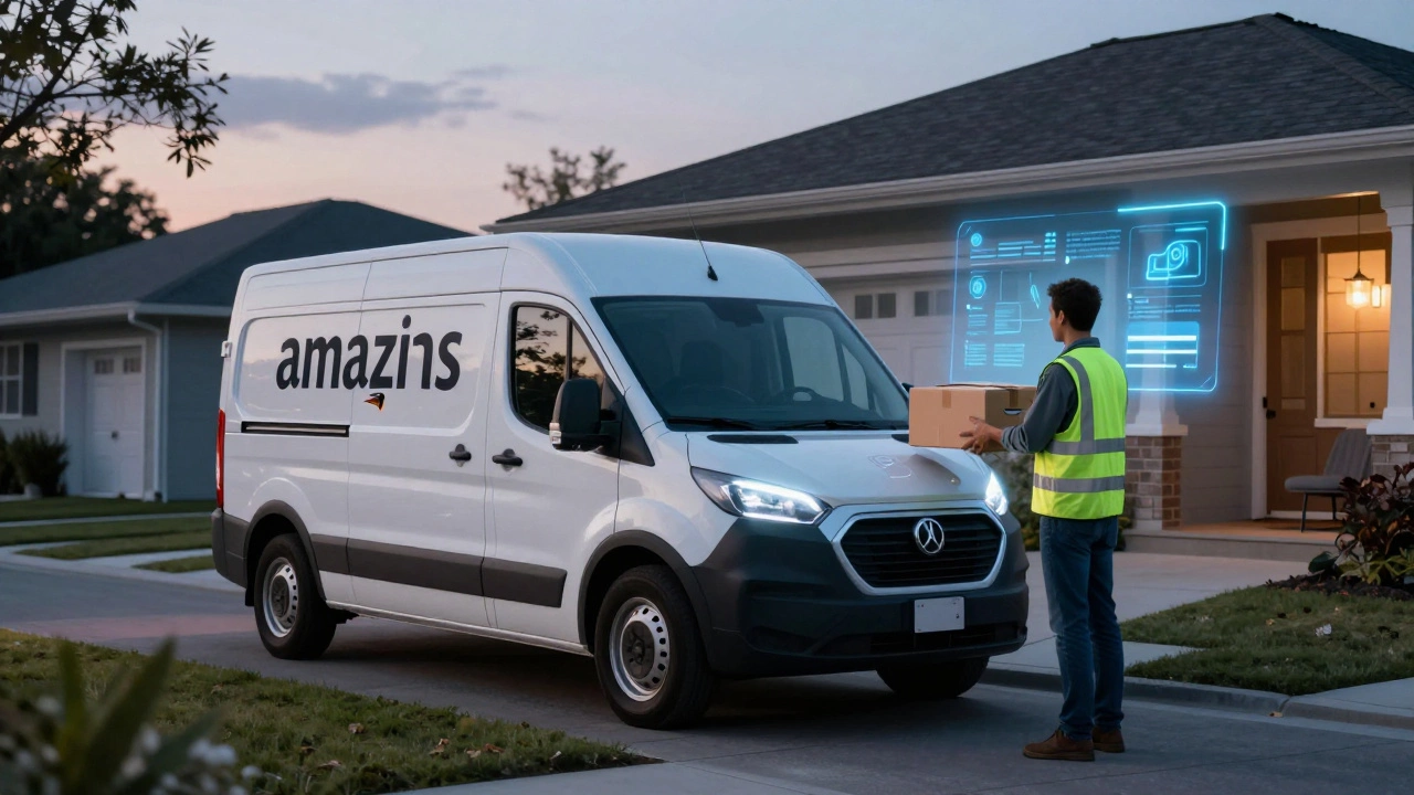 Amazon electric van delivering packages at dusk with subtle tech interface