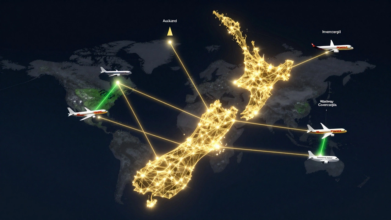 Artistic map of New Zealand showing DHL and Fastway delivery networks glowing across the country.