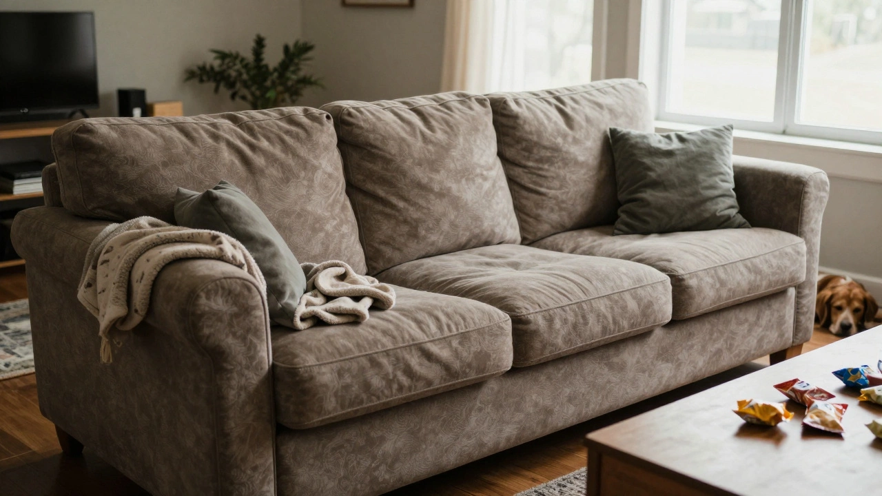 Casual couch with slouchy cushions in a cozy family room with a sleeping dog.