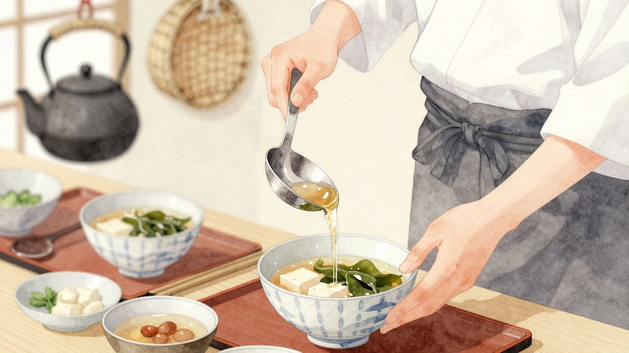 Chef pouring dashi from a shakushi into a soup bowl with tofu and seaweed.