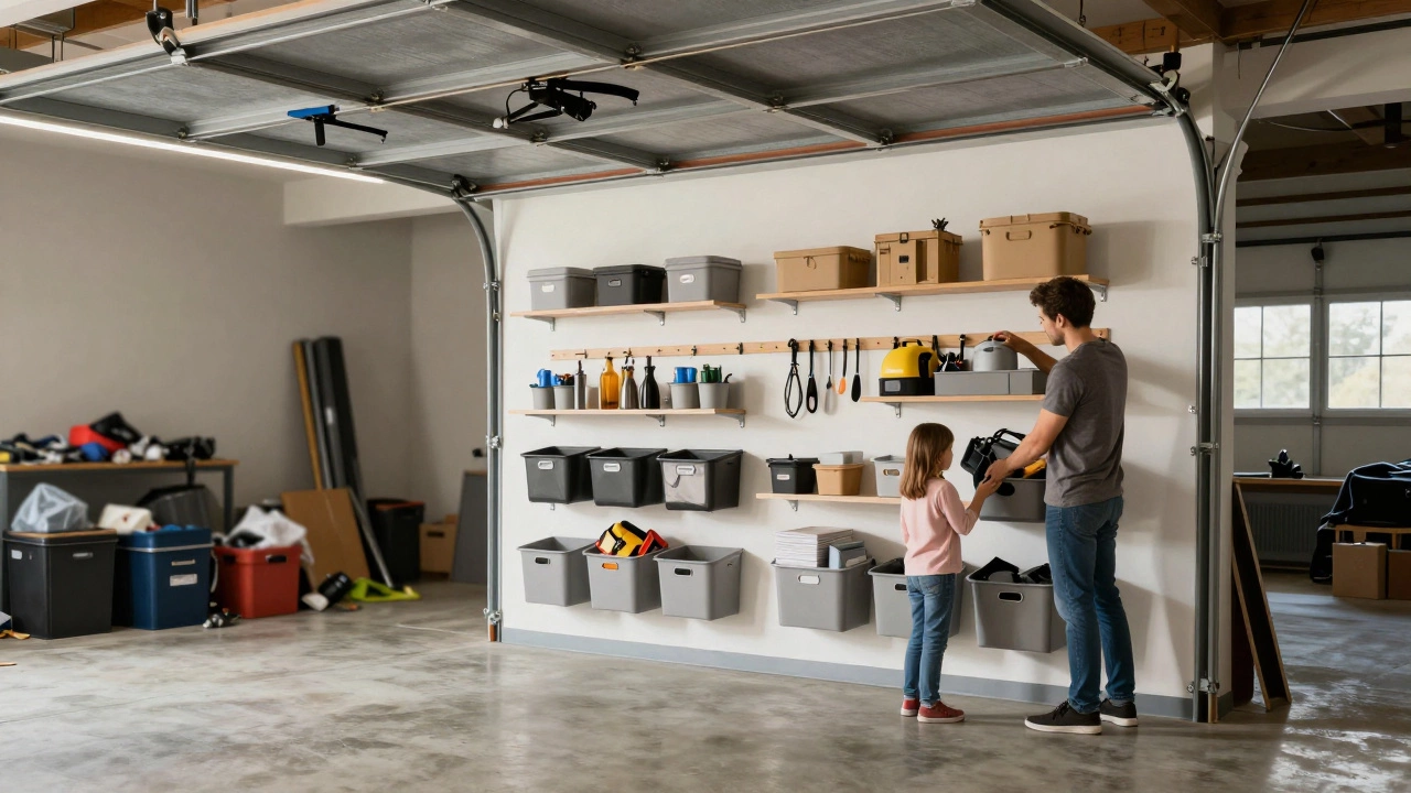 Clean, organized garage with wall racks and labeled bins, contrasting a messy garage in the background.