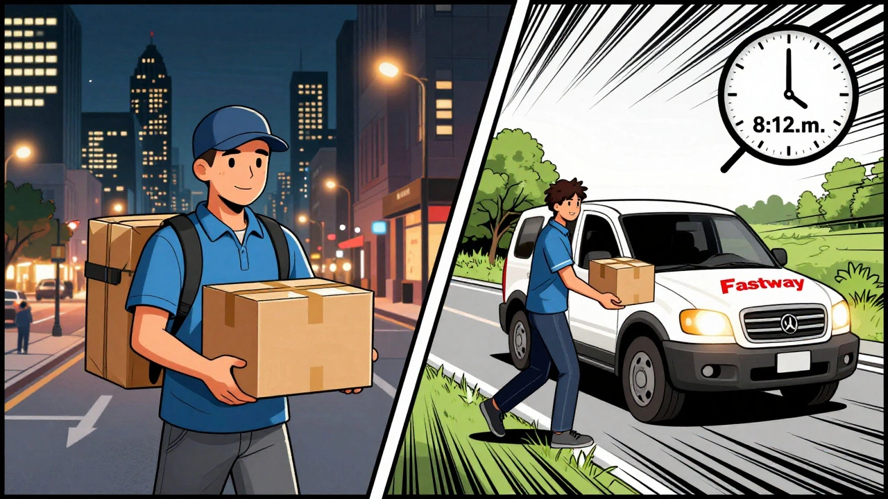 Comic-style comparison of Amazon Prime and Fastway next-day deliveries in urban and rural areas.