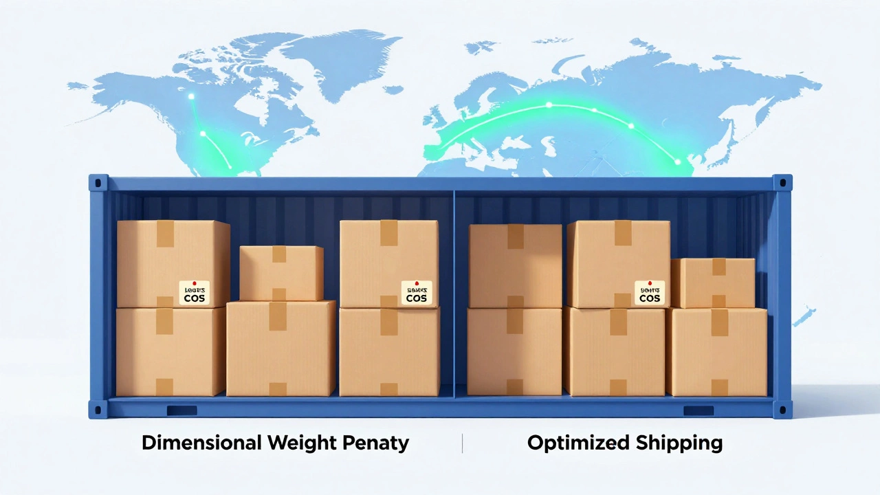 Contrasting shipping methods: oversized boxes with high costs vs. compact boxes with low costs on a global map.