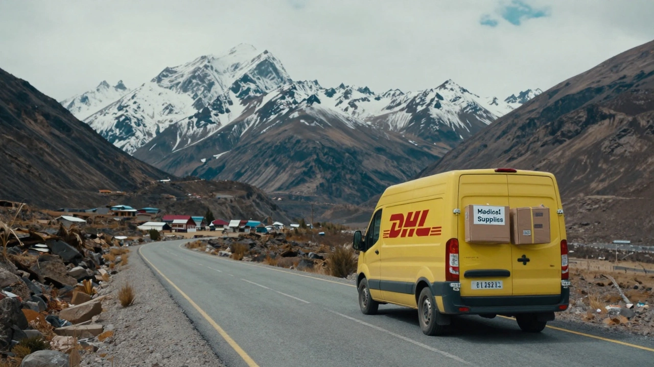 DHL delivery van on a remote mountain road carrying medical supplies to a distant village.