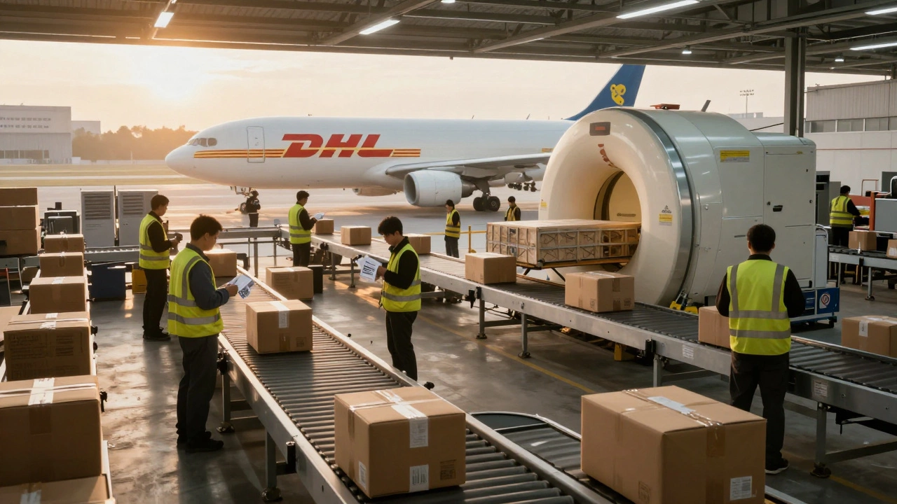 DHL logistics hub at dawn with automated conveyors and workers loading medical equipment onto a cargo plane.