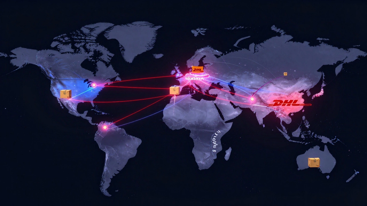 Global map with glowing routes showing DHL's international logistics network