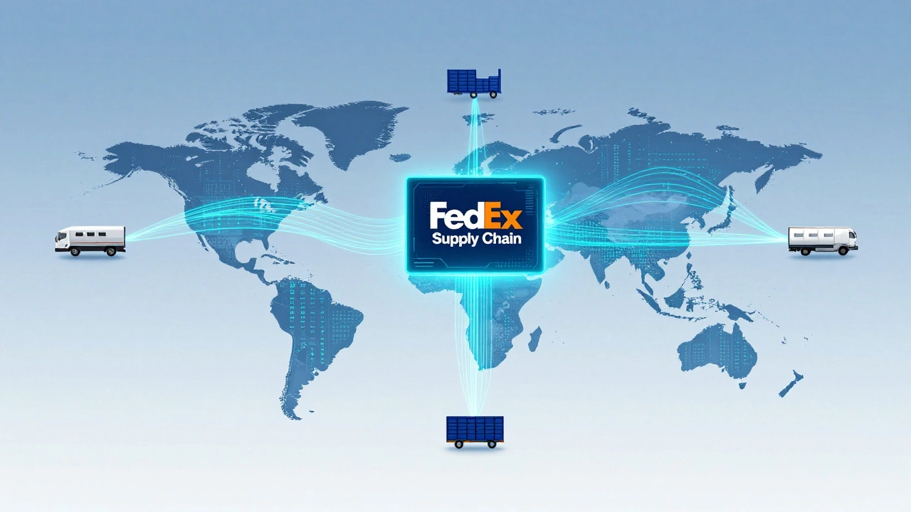 Global supply chain network with data streams flowing to a central FedEx Supply Chain dashboard.