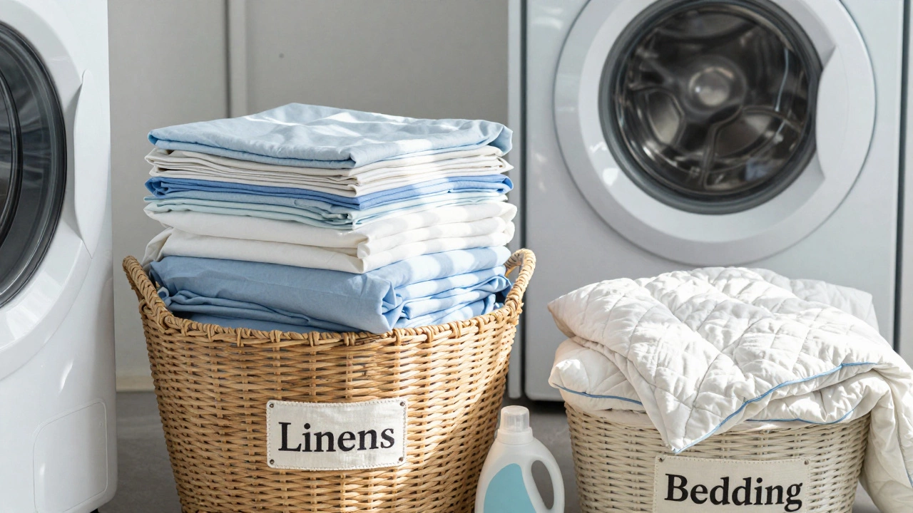 Laundry basket with folded sheets and pillowcases labeled &#039;Linens&#039;, duvet cover in separate basket.