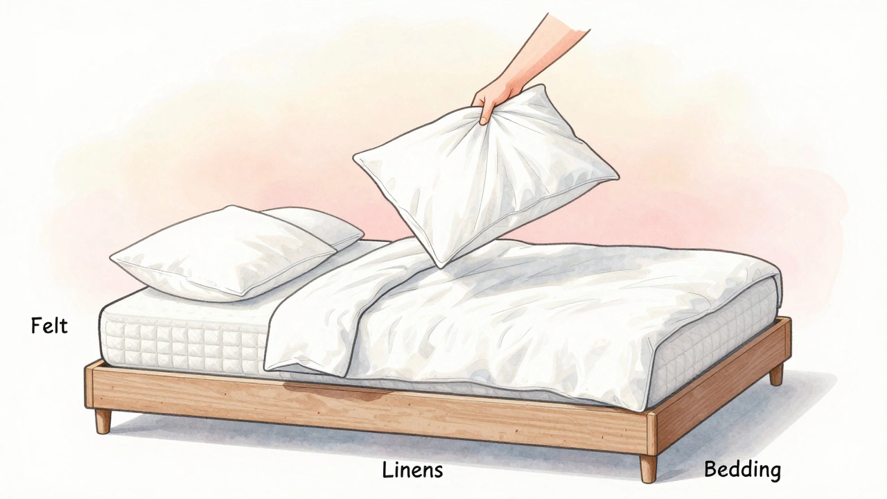 Layered bed diagram showing linens (sheets and pillowcases) above bedding (mattress and duvet).