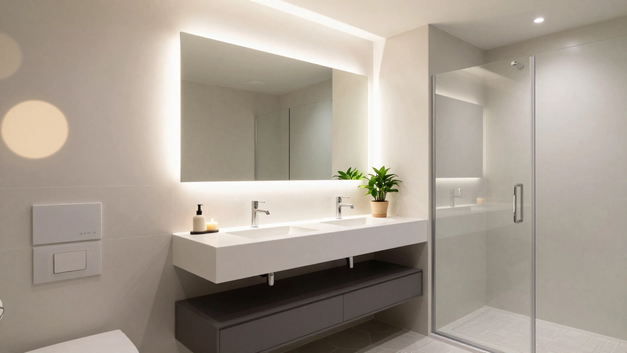 Minimalist modern bathroom with warm lighting, glass shower, and simple decor for a serene, luxurious feel.