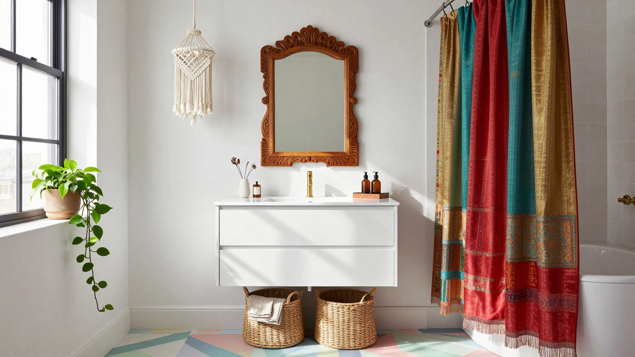 Modern-boho bathroom with patchwork shower curtain, carved wooden mirror, and macramé light above painted floor.