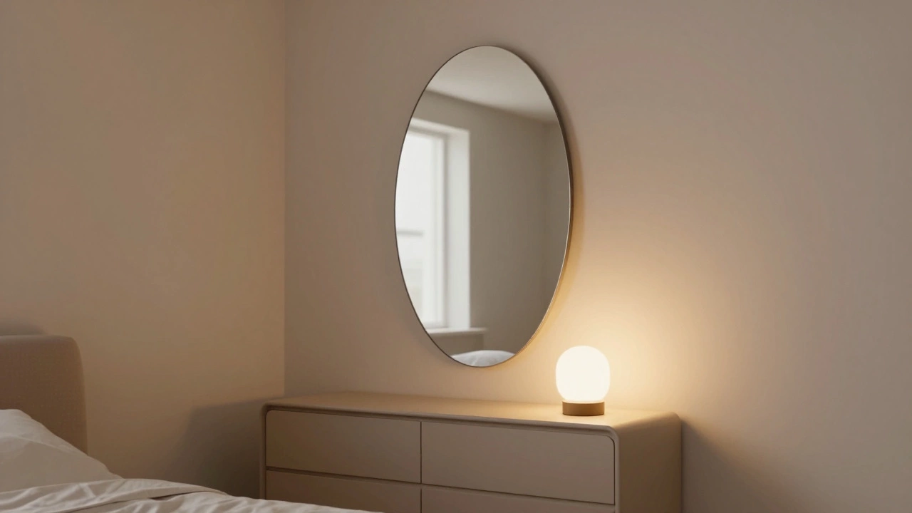 Oval mirror above a dresser softens corners of a small bedroom with gentle light reflections.