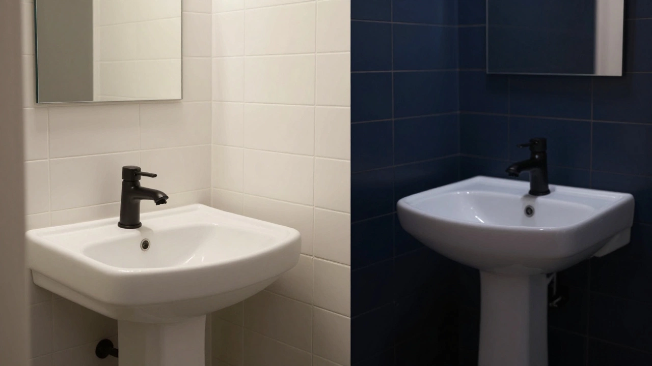Side-by-side view of a light-colored bathroom versus a dark blue one, showing how neutral tones feel more spacious.