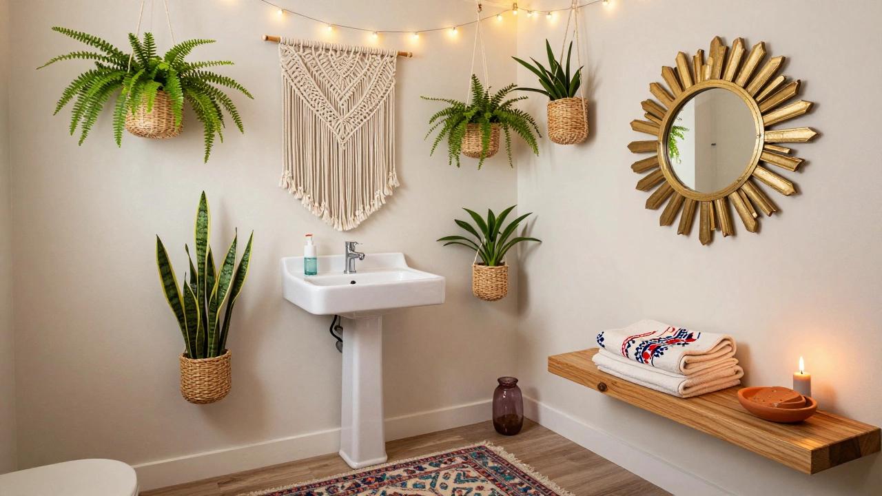 Small boho bathroom with hanging plants, macramé decor, vintage mirror, and patterned rug under soft candlelight.