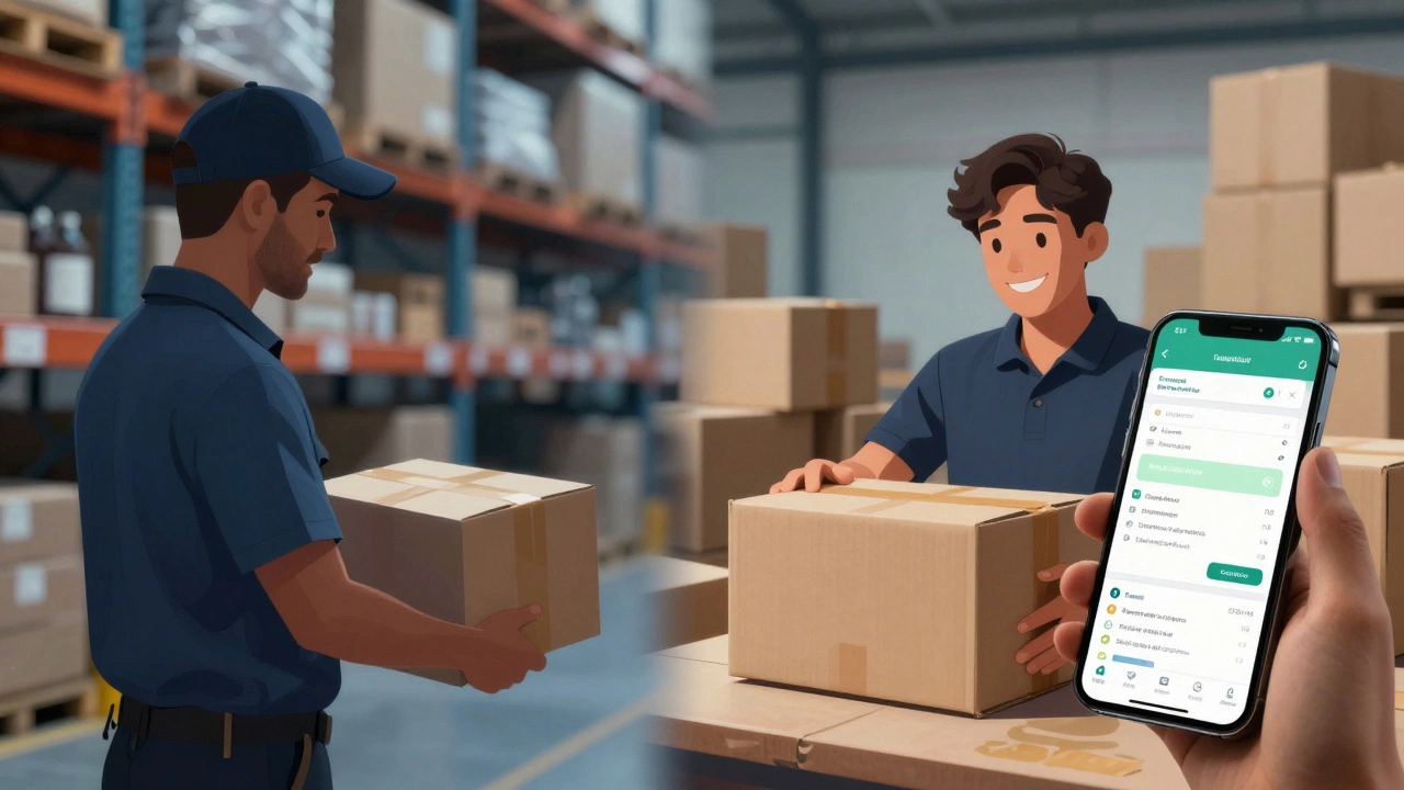 Split scene: warehouse worker scanning a parcel and a UK customer unboxing it with a smile.
