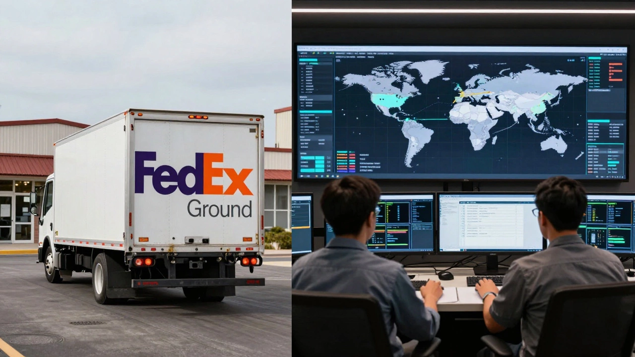 Split view: FedEx Ground delivery truck vs. high-tech logistics control room monitoring global shipments.
