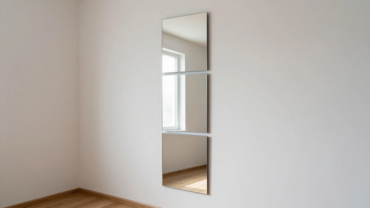 Three small square mirrors aligned vertically create the illusion of a tall rectangular mirror.