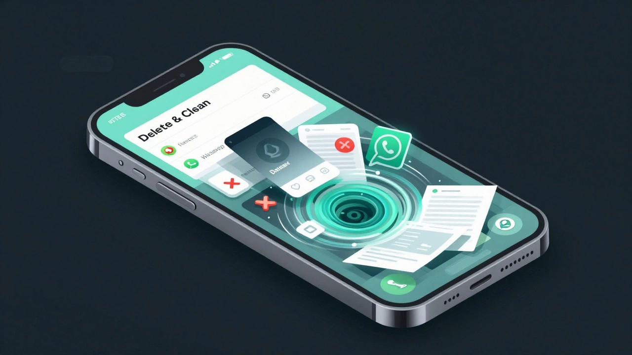 Transparent smartphone showing hidden digital clutter being cleaned away.