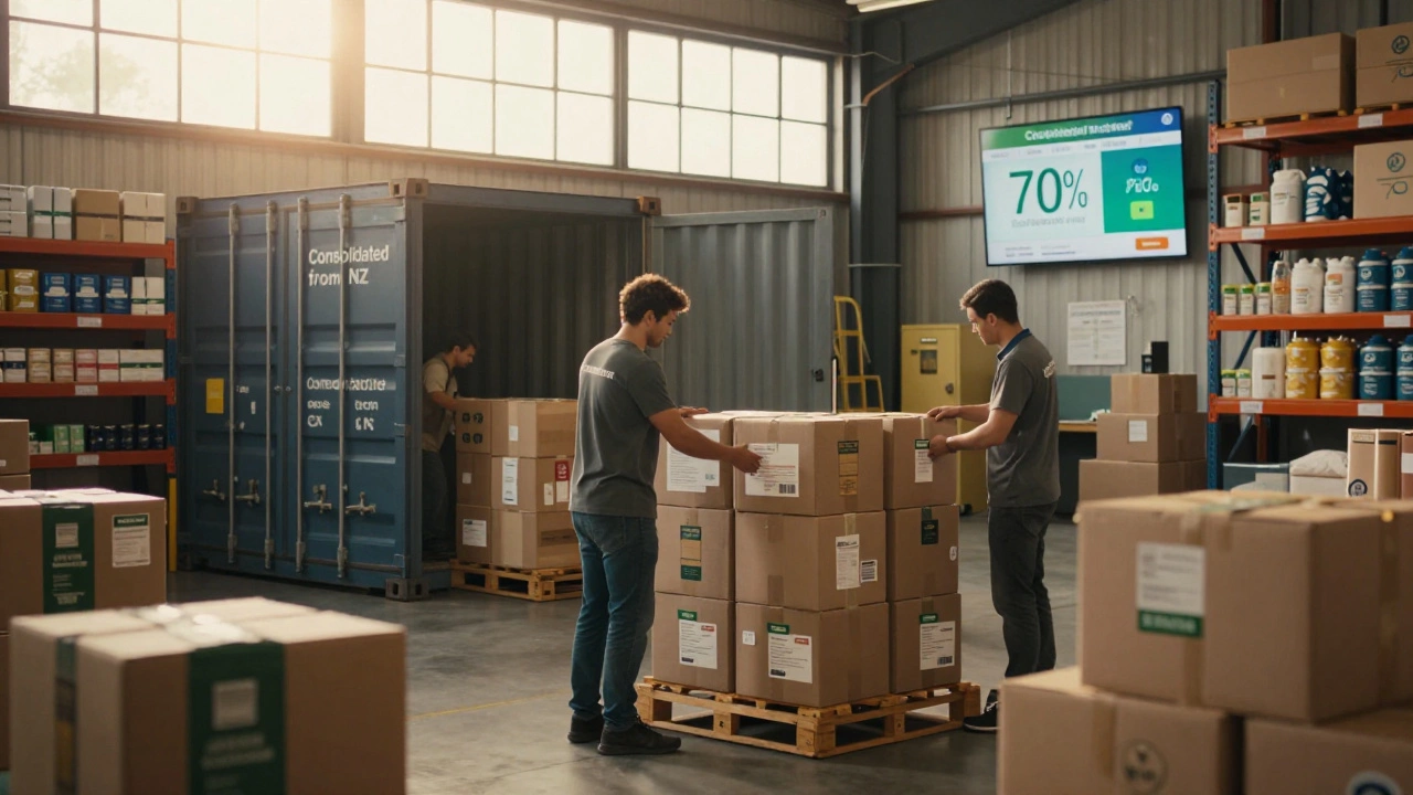 UK warehouse receiving consolidated international shipments, with eco-friendly packaging and digital cost savings display.