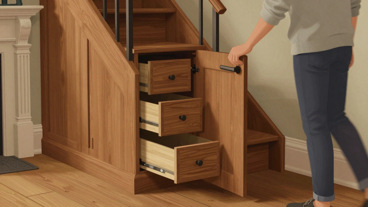 Under-stair storage space with custom timber cabinetry and pull-out drawers in a cozy home.