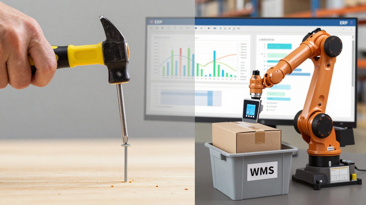 A bent nail and cracked screwdriver beside a robotic arm placing a box, with ERP and WMS overlays.