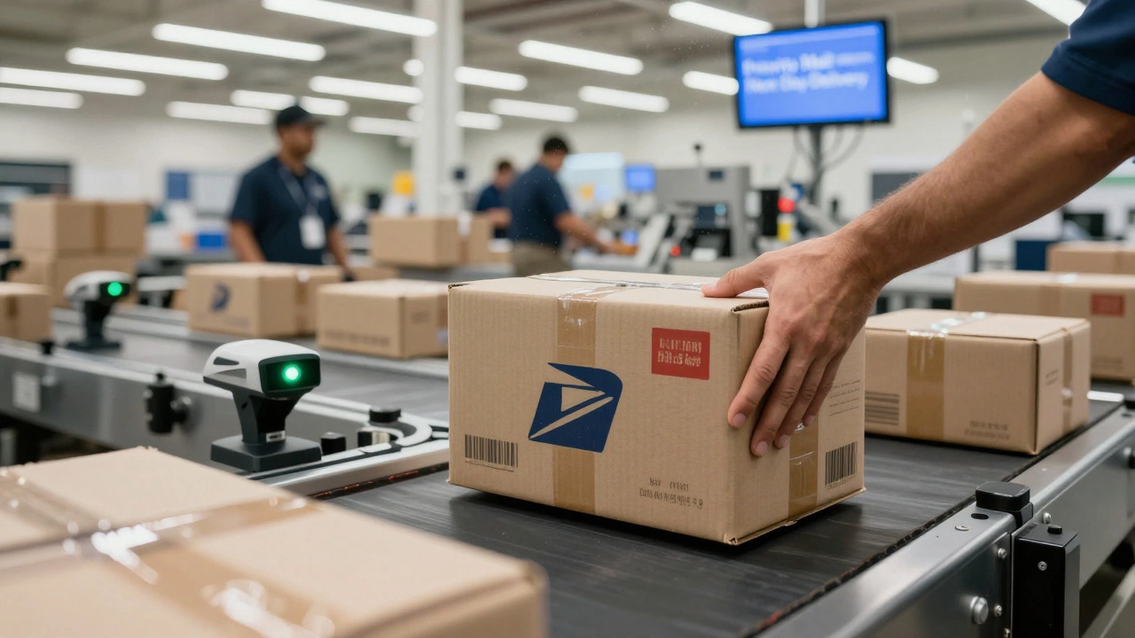 A sealed Priority Mail Large Flat Rate Box on a conveyor belt in a postal sorting facility, with scanning equipment nearby.