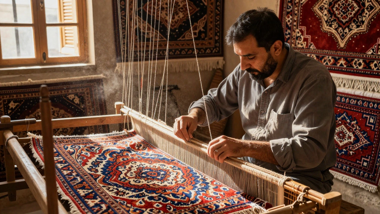 An artisan hand-knotting a Persian rug on a wooden loom, surrounded by colorful threads and traditional tools.