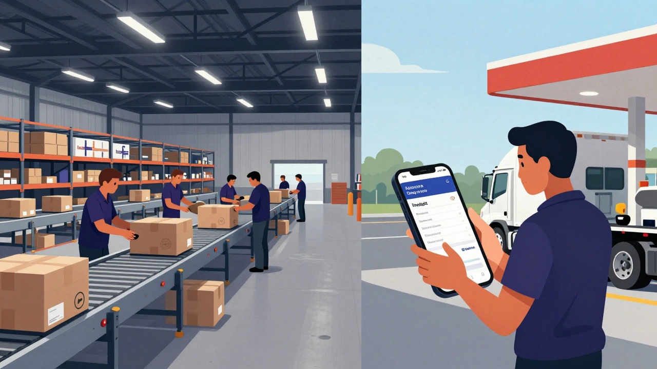 Comparison of a traditional warehouse logistics center versus an independent trucker using the Uber Freight app.