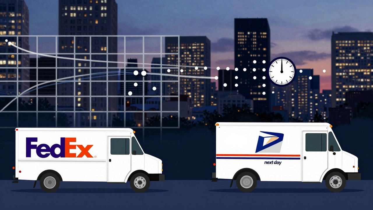 Conceptual comparison of fast FedEx tracking versus slow USPS delivery paths in a city.