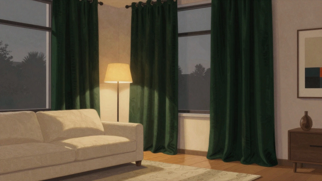 Deep green velvet curtains frame a beige couch in a warmly lit interior.