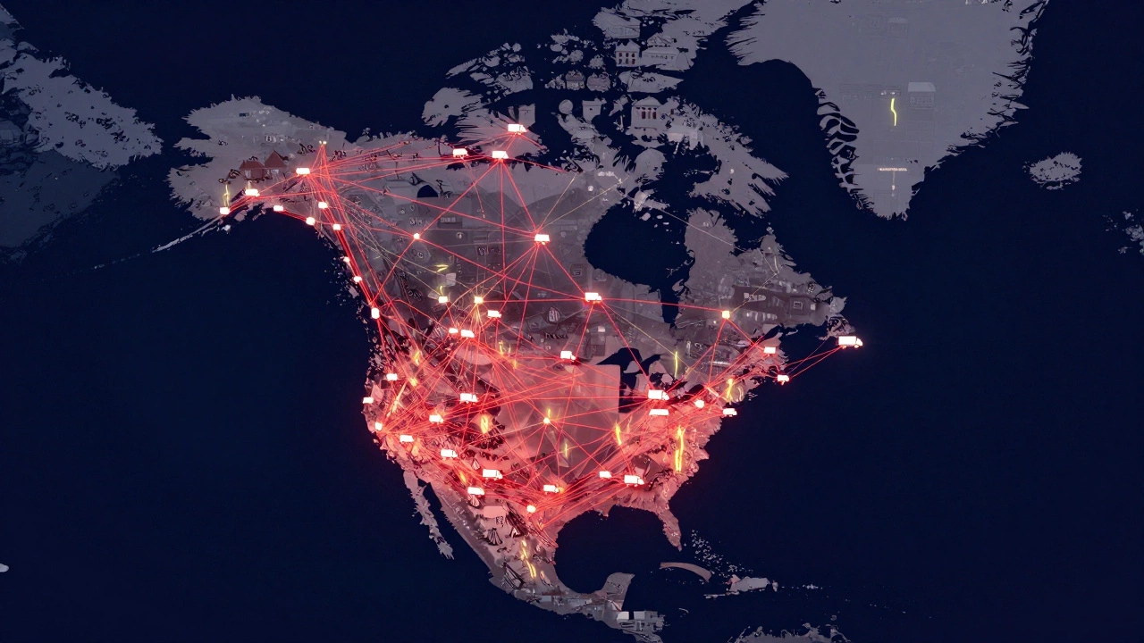 Digital network map showing truck movements across North America powered by Uber's platform.