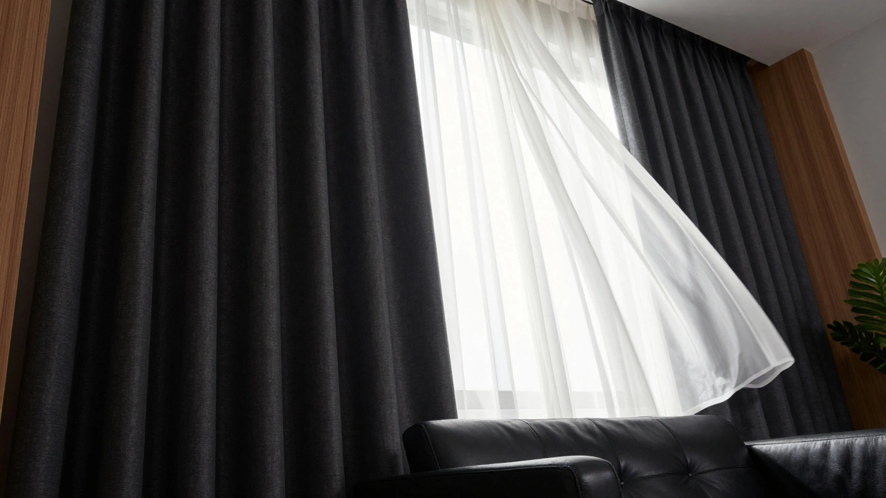 Sheer white curtains layered behind dark drapes above a black leather sofa.