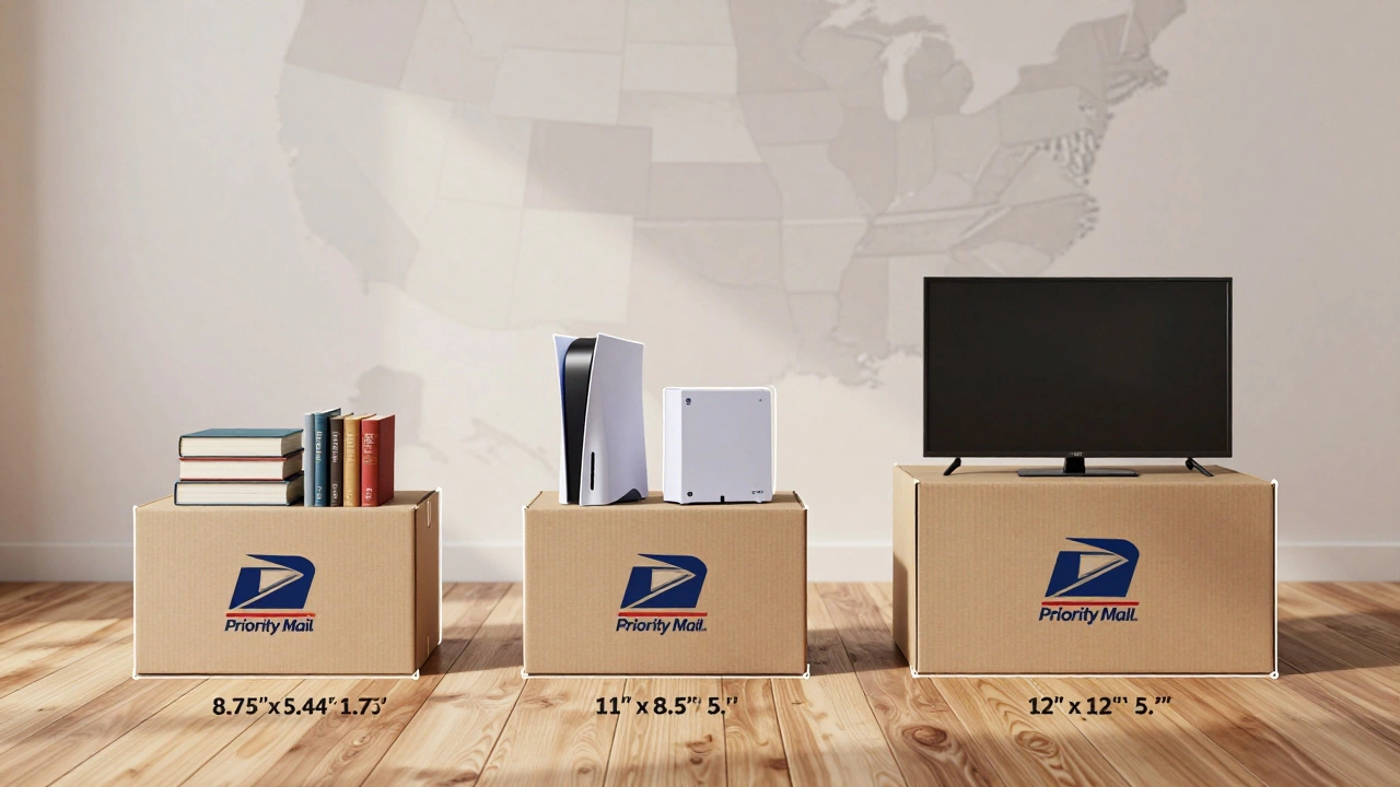 Side-by-side comparison of USPS Priority Mail box sizes with common items inside, showing relative dimensions.