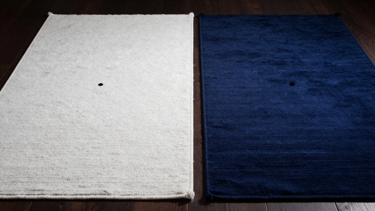 Side-by-side comparison: white rug with visible stain vs. navy rug where same stain disappears.