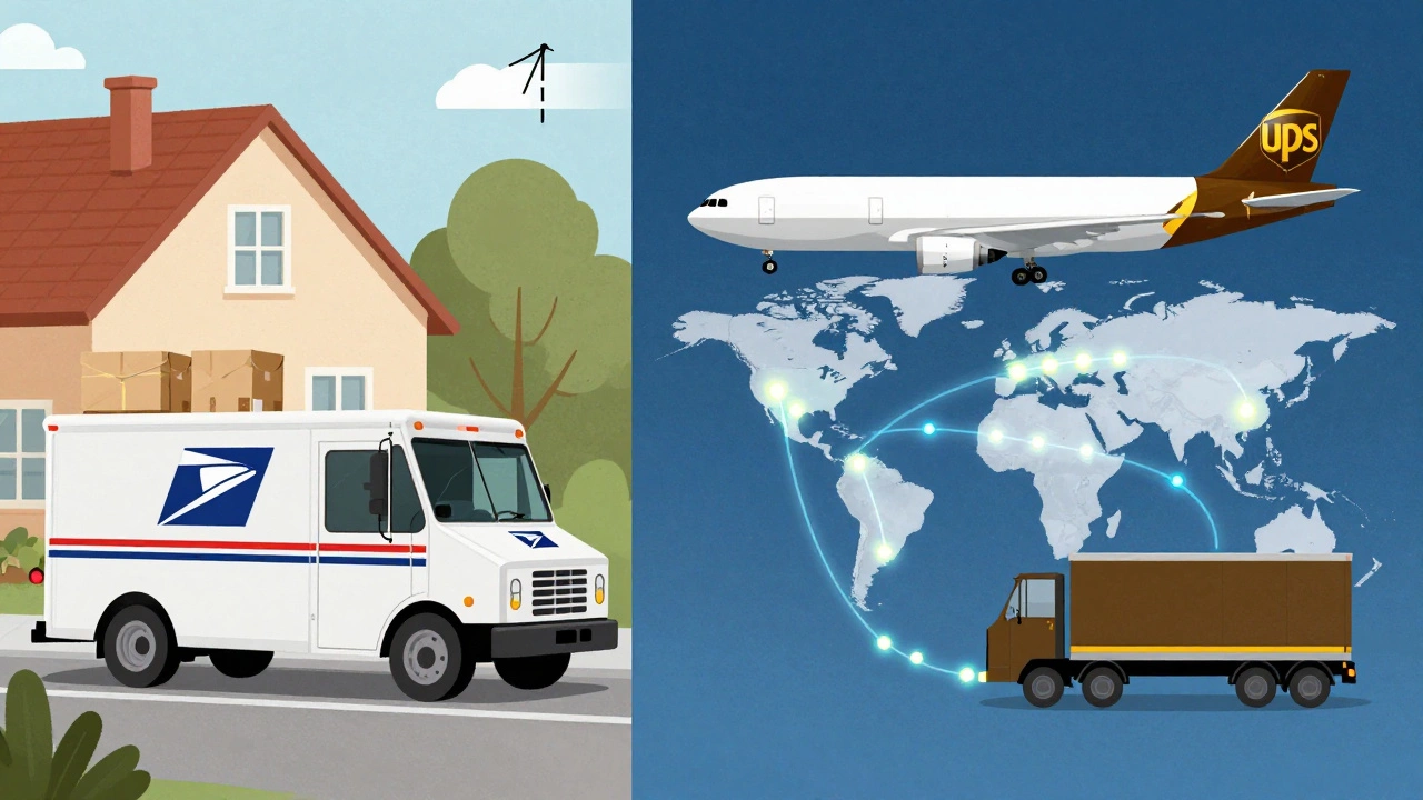 Split illustration comparing USPS delivery to Europe with UPS global logistics network.