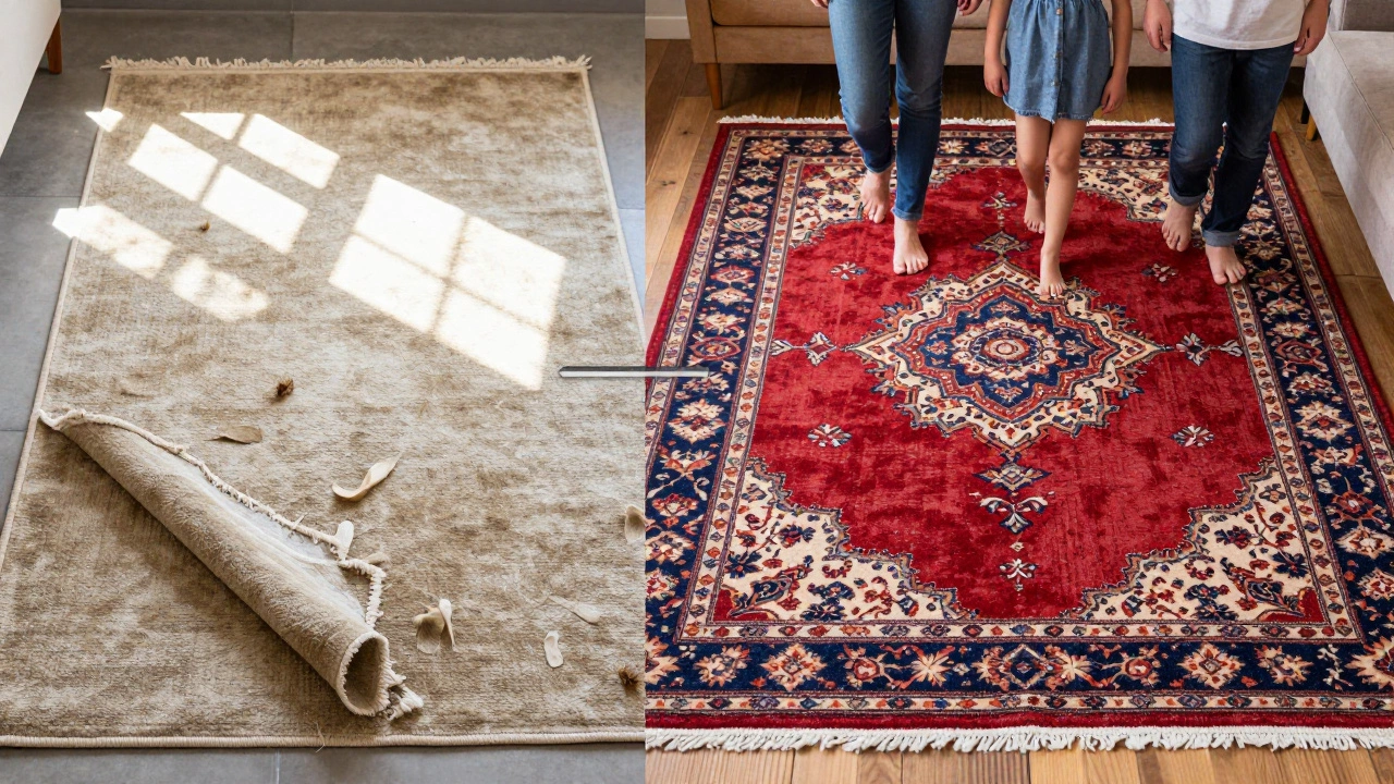 Split image: a faded, shedding rug on one side, a durable hand-knotted rug on the other, showing longevity contrast.