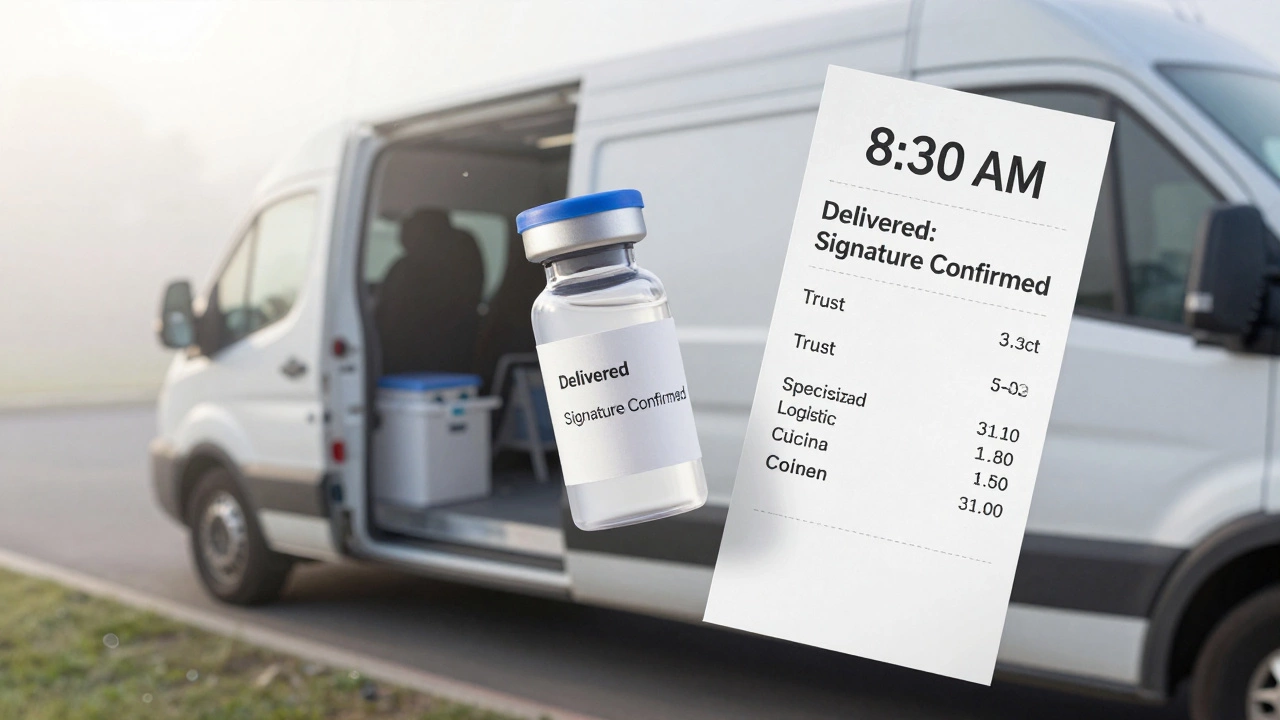 Temperature-controlled courier delivering a medical sample to a hospital at dawn.