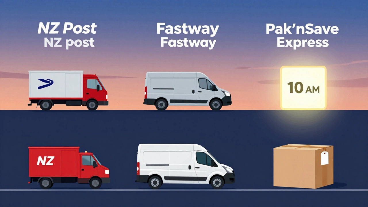Three delivery services represented as paths leading to a morning delivery window.