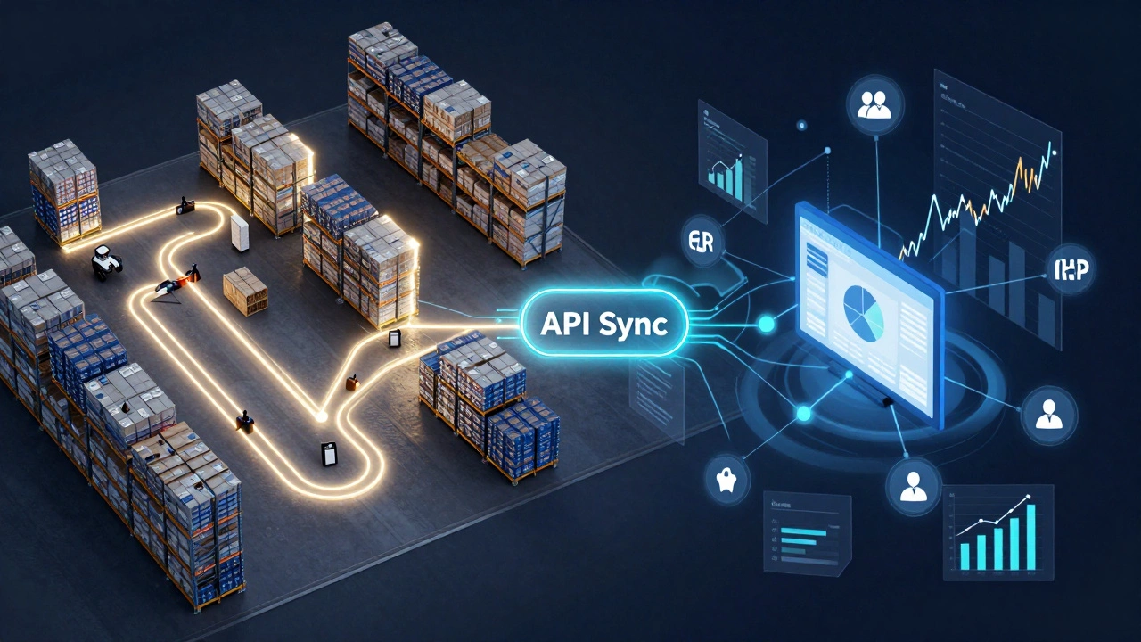 Two interconnected systems: warehouse flow map and business data network linked by a glowing data stream.