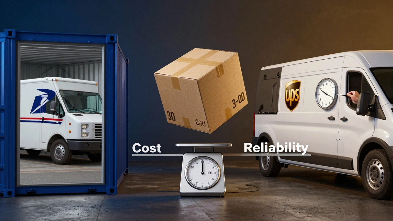 Two shipping paths diverging—one for USPS with slower delivery, one for UPS with faster, door-to-door service.